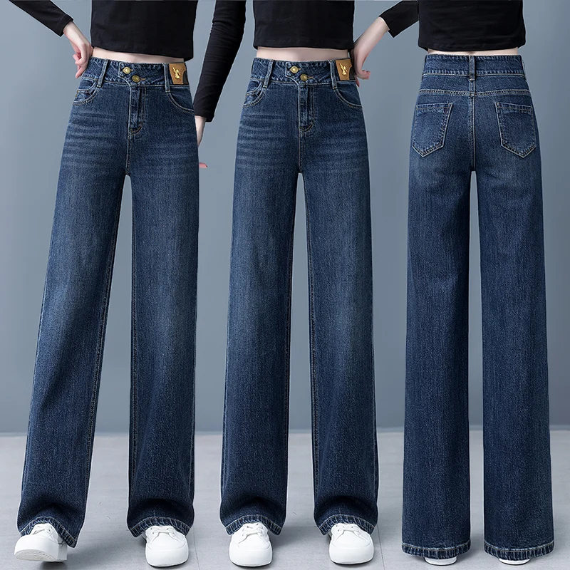 

Джинсы с высокой талией и широкими штанинами, женские свободные прямые брюки, весна-осень, новые, из эластичного хлопкового денима, с термоэффектом...