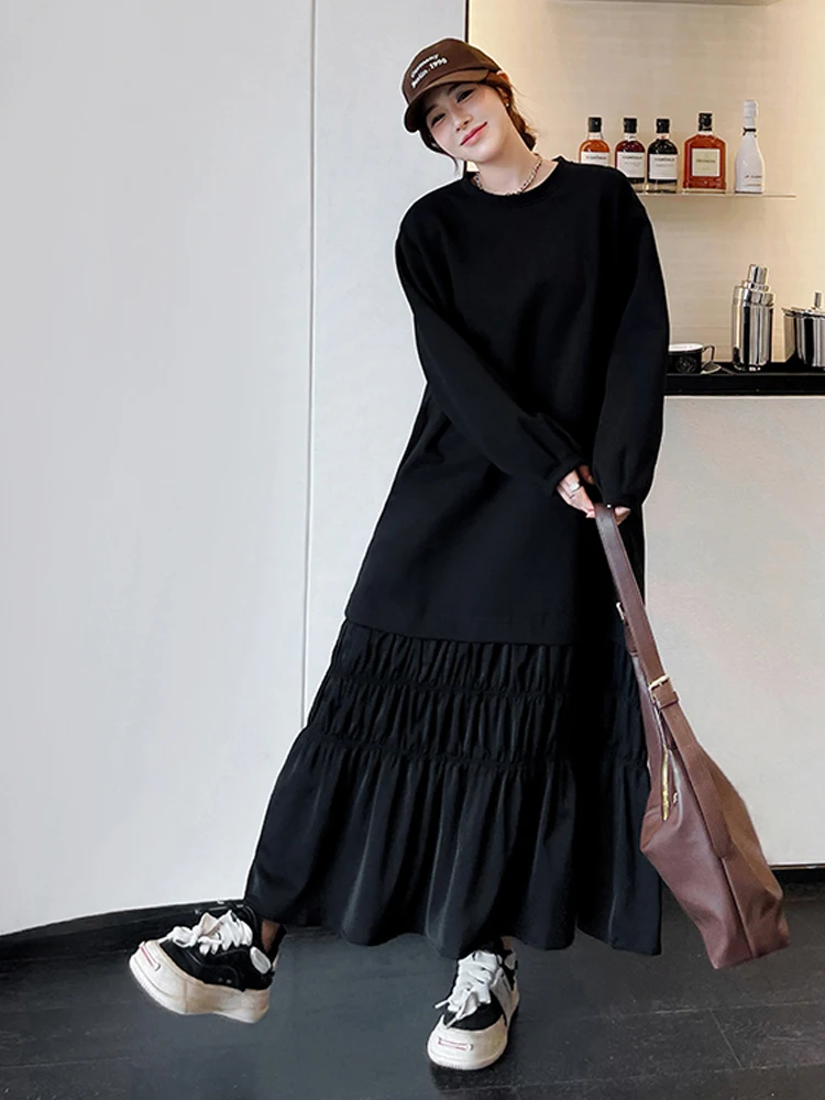 NYFS 2024 Autumn New Koera Woman Dresses Vestidos Elbise Loose Plus Size Patchwork Shirring Hem Long Sleeve Long Dress