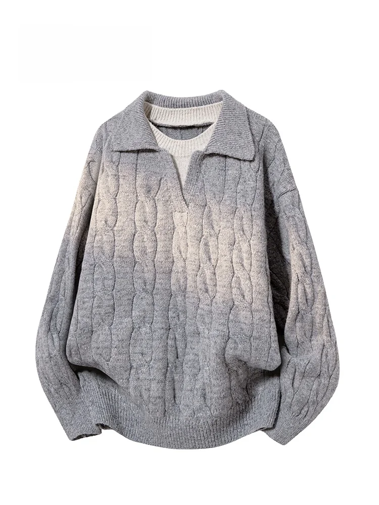 

Faionable Knitted Sweater with Twist Loose Fit Collar up Warm Casual Sle Polyester Fiber Long Sve for Youth Men's Wear