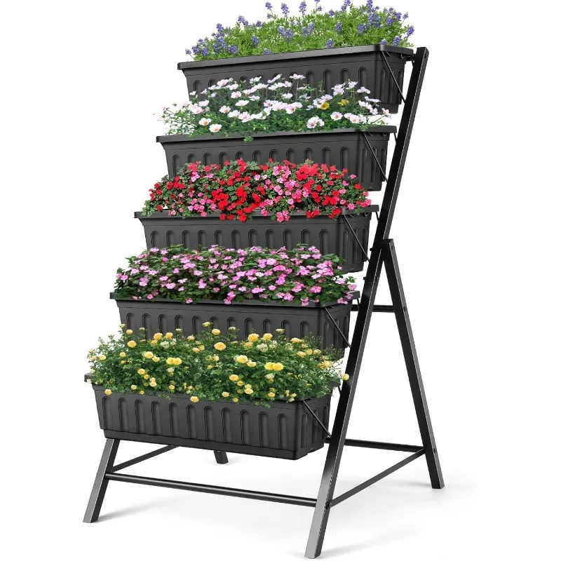 Suyncll Vertical Raised Garden Bed Planter Box,5 Tiers Vertical Garden Planter with Drainage System&4 Hooks