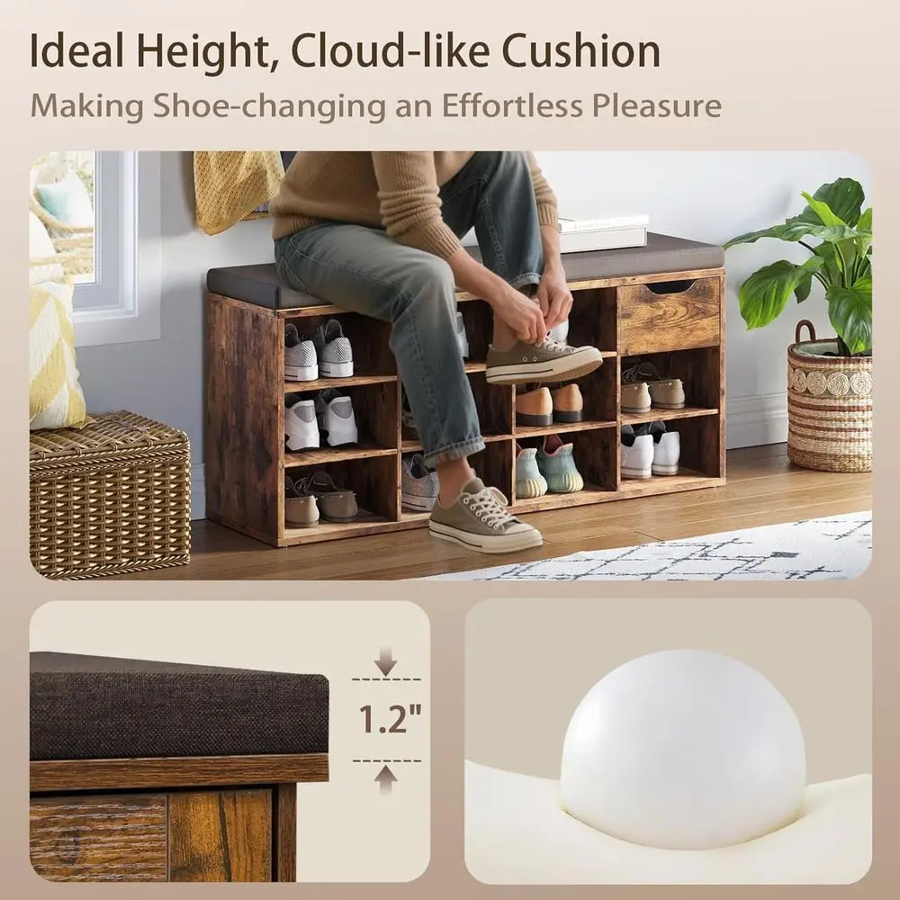 Multi-Functional 12-Cubby Shoe Storage Bench with Cushion, Adjustable Shelves, Rustic Brown for Entryway, Mudroom, Hallway, Clos