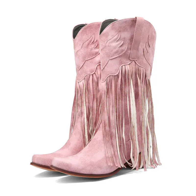 

Tassels Block Heel Western Cowboy Boots Vintage Soft Leather Knee-High Botines Nubuck Leather Slip-On Women Botas Femininas