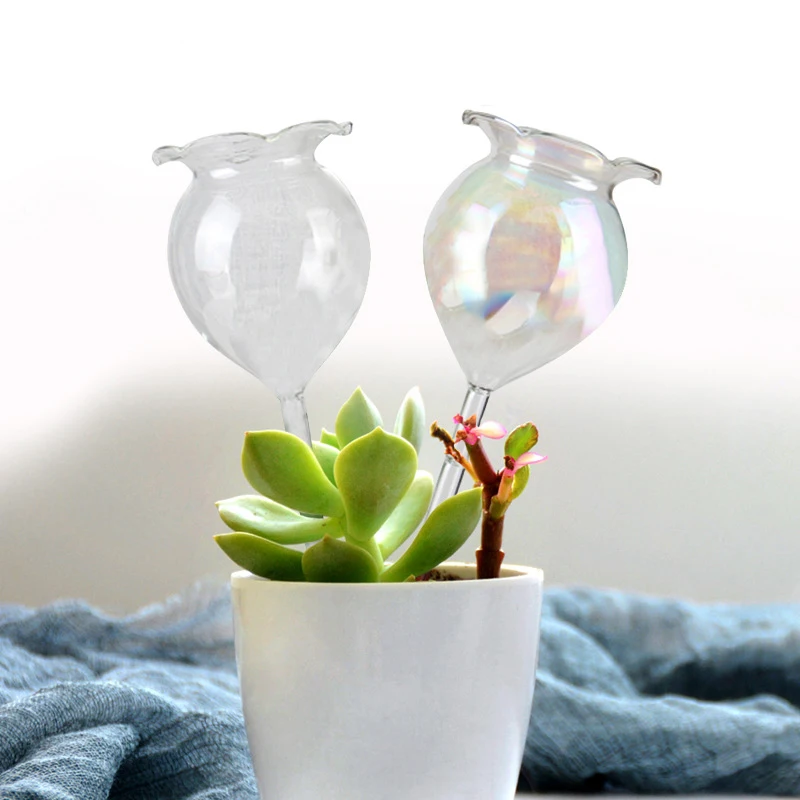 1PC Flower Shape Automatic Flower Watering Device Plant Waterer Self Watering Globes Hand Blown Clear Plastic Aqua Bulbs