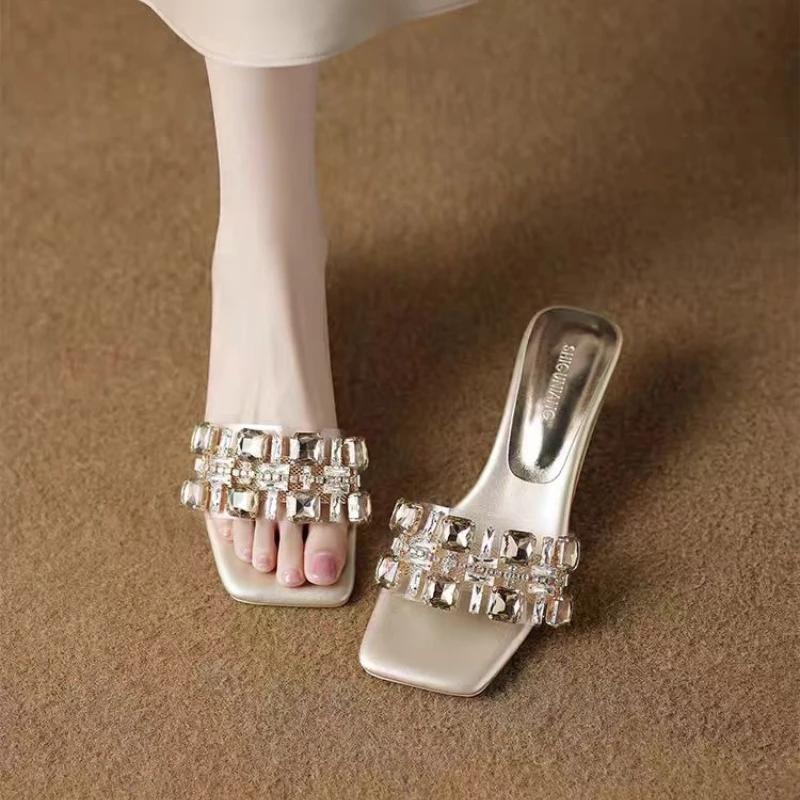 2026 New Style Temperament Square-toe Rhinestone Outer Slippers Women's Summer Crystal Heel Special-shaped Heel Cool Mop