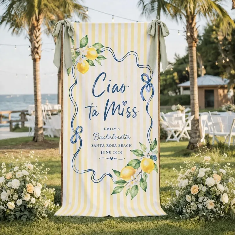 Custom Bachelorette Welcome Sign, Lemon Bridal Shower Tapestry, Yellow Stripe Banner, Wedding Decor, Side Ribbons Not Included