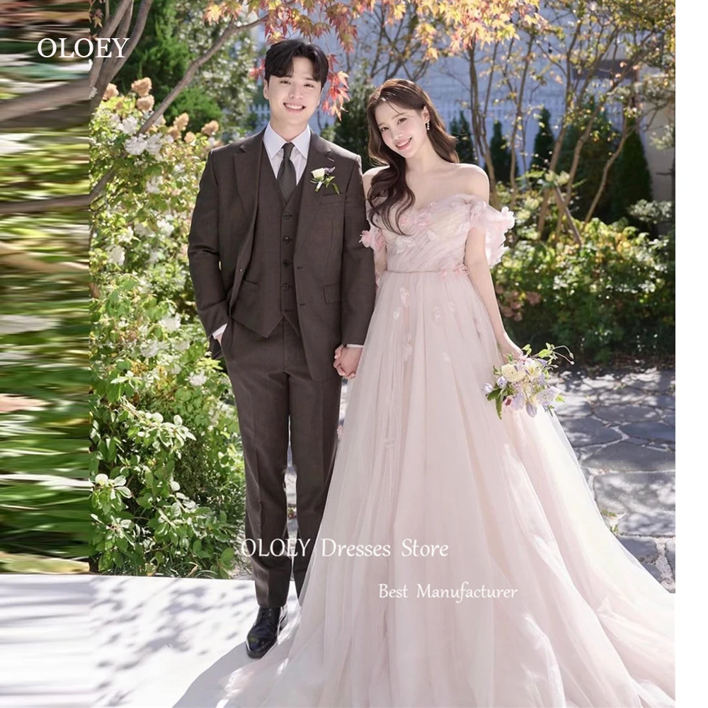 Oloey elegante schulter freie Tüll Korea Brautkleider Party 3d Blumen Korsett zurück Brautkleider Abendkleid Prinzessin Fee