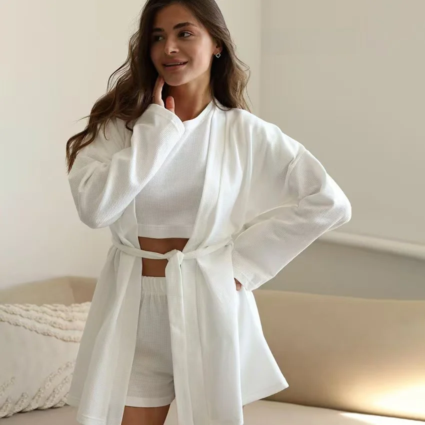 Windward Knitted Cardigan Robe T-Shirt Shorts Three Piece Home Suit Comfortable Loose Fit Sleepwear Set for Autumn And Spring