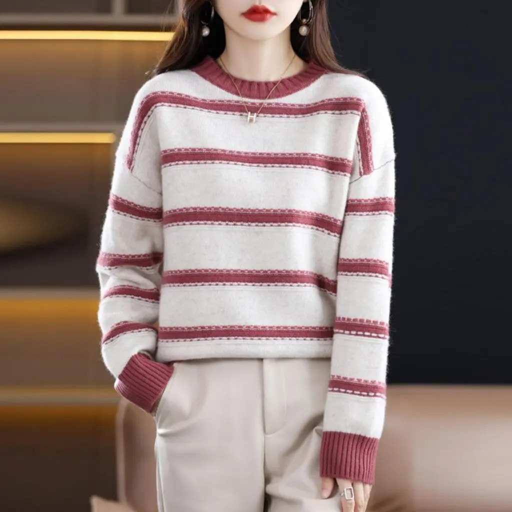 

Women's Pure Wool Crewneck Pullover Sweater Color Matched Striped Elegant All-match Autumn Winter Fashion Top