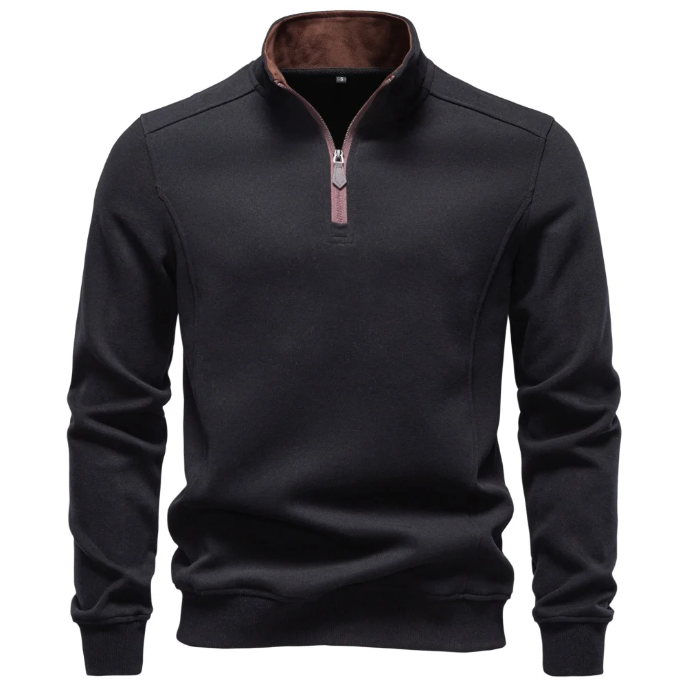 AIOPESON Herren Pullover mit halbem Reißverschluss, Stehkragen, einfarbig, warm, gemütlich, langärmelig, Sweatshirt, Herbst-Winter, lässig, leicht, Oberteil – Detail 7