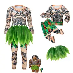 Boys Costume Outfits Set Moana Maui Tattoo Cosplay Halloween Dress Up Long Sleeve Clothes With Leaf Skirts