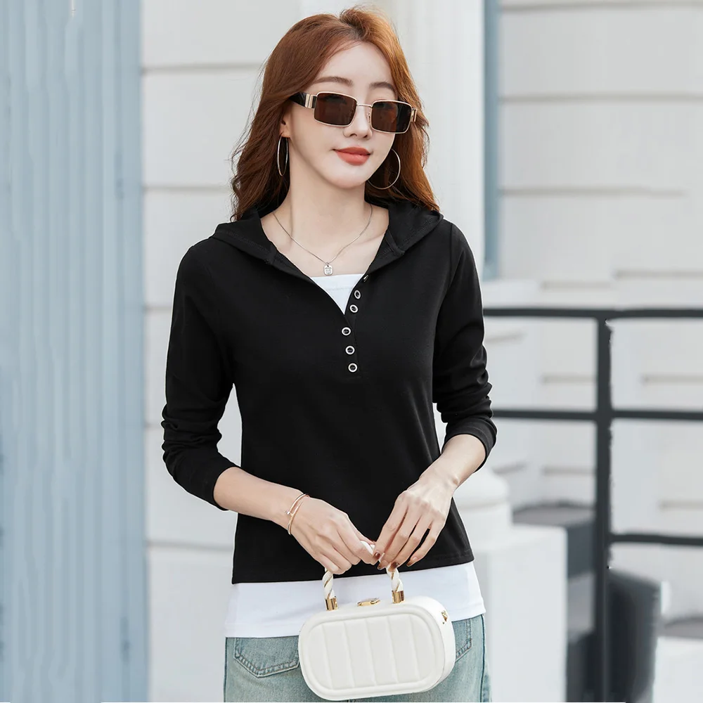 

New Women Spring Hooded T-shirt Fashion Patchwork Contrast Color Design Long Sleeve Hoodies Casual Loose Fake 2 pieces Tees Tops