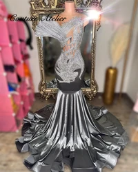 Enchanting Silvery Prom Dresses Black Girls Crystal Beading Ruched Mermaid 2025 Birthday Luxury Dress Graduation Gown Customized