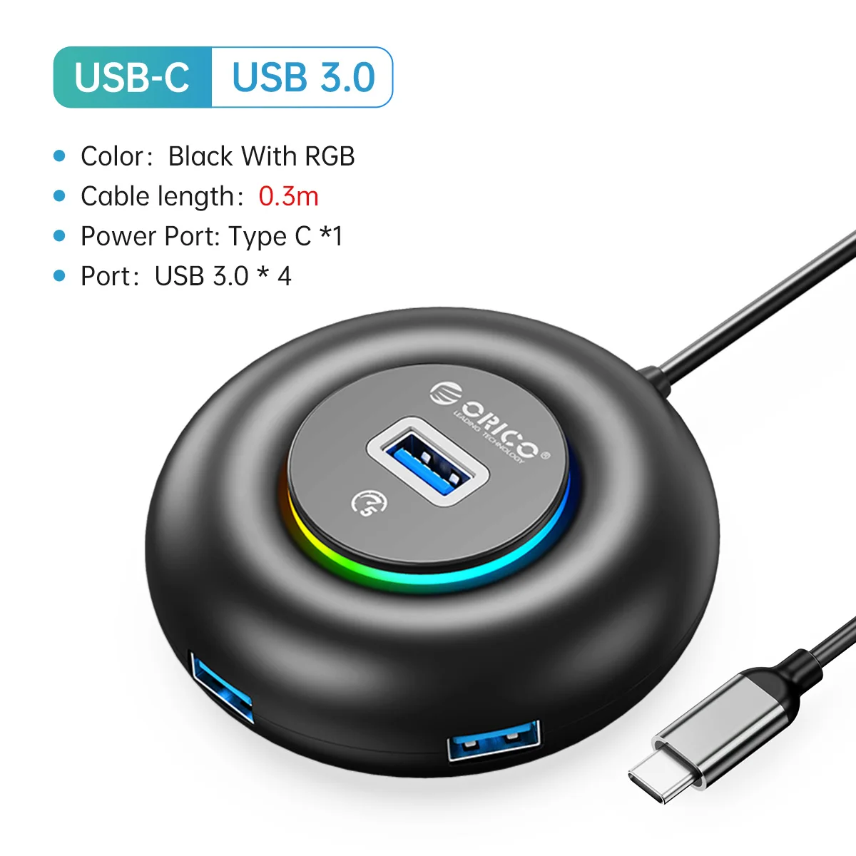 ORICO RGB USB HUB 4 Ports 3.0 Multi-USB-Splitter mit Typ-C-Ladeleistung Ultraschlanker OTG-Adapter für PC MacBook Pro Lenovo