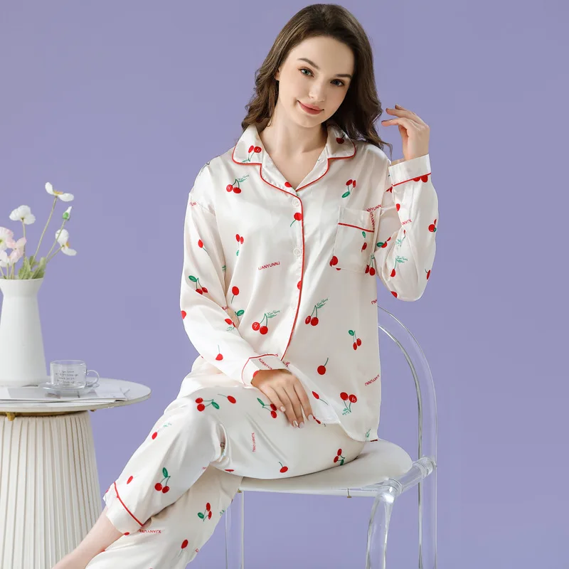 

Ling 2pcs Womens Ice Silk Pajamas Set Summer Long Sleeve Cherry Print Female Loungewear Cardigan Home Clothes Sleepwear Pajamas