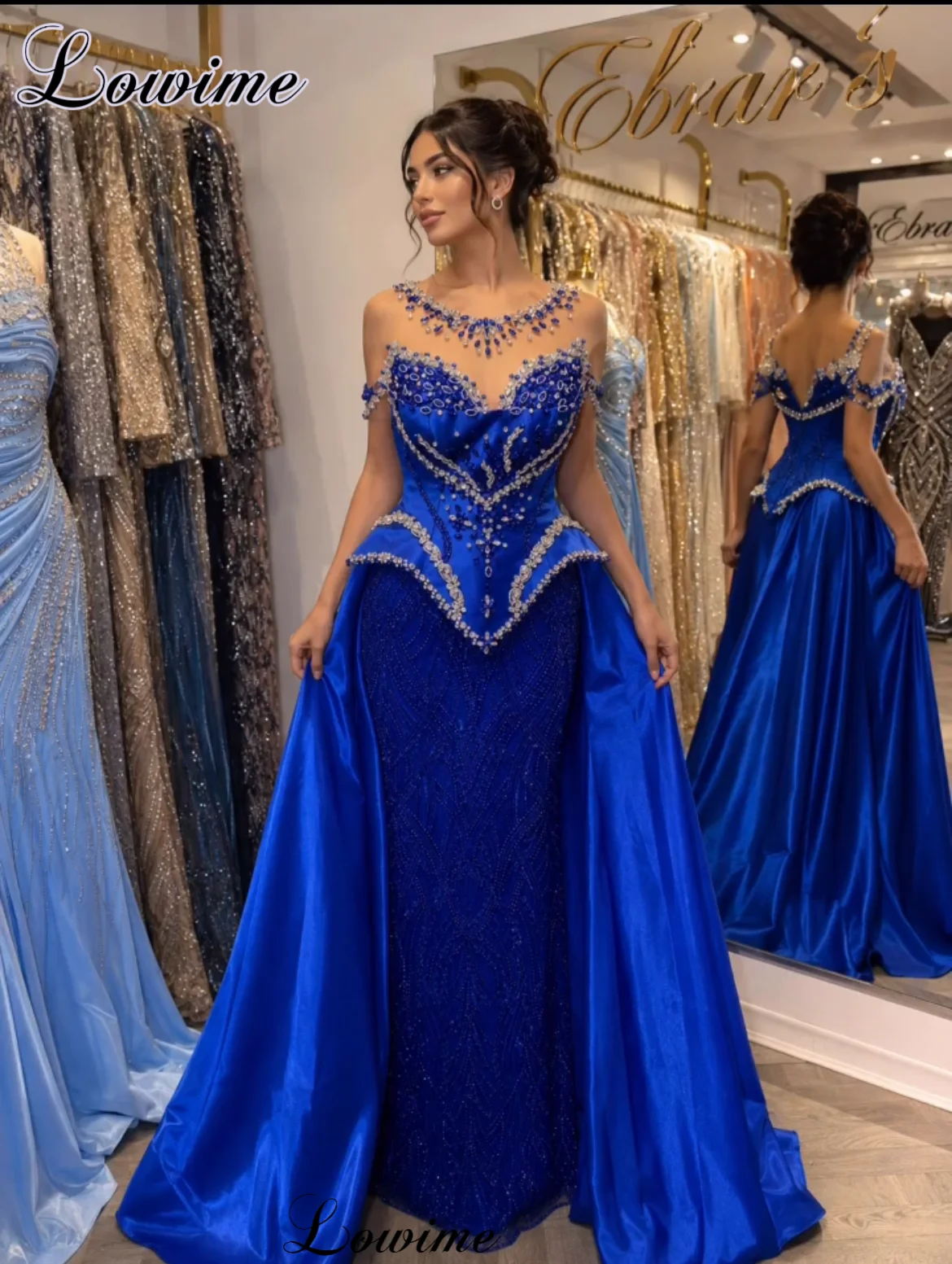 Newest Royal Blue Prom Dresses With Crystals Sheer Neck Elegant Evening Dresses Mermaid Party Gown Vestidos De Cóctel Customized