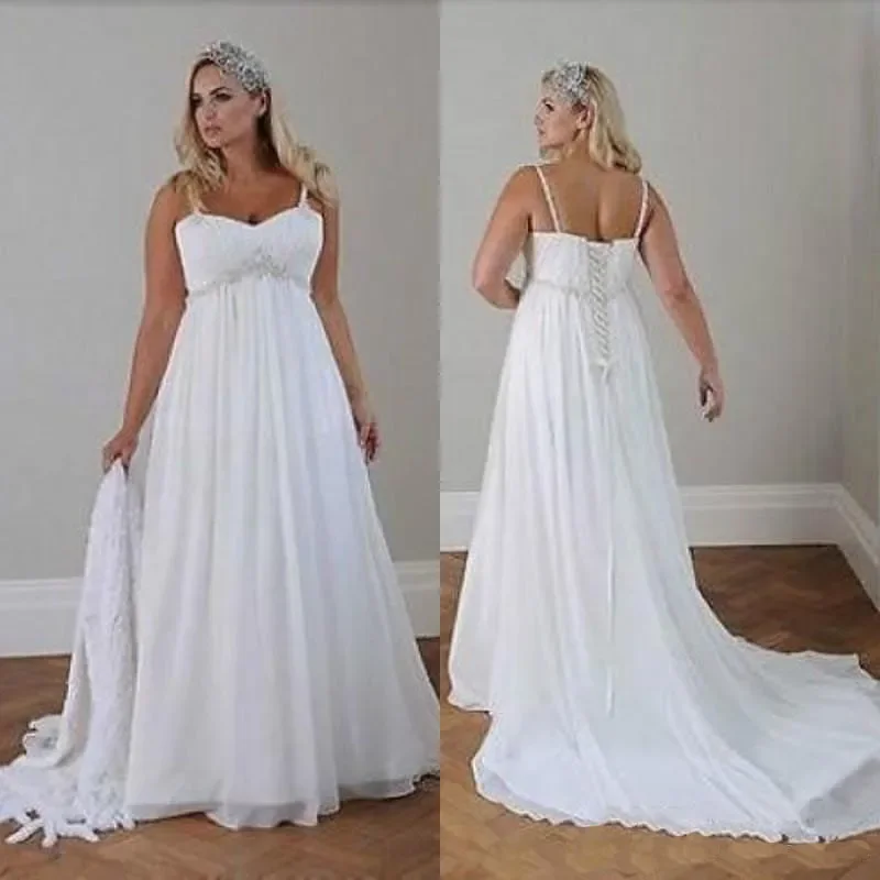 

Plus Size Casual Beach Wedding Gowns Spaghetti Straps Beaded Chiffon Floor Length Empire Waist Elegant Bridal Gowns