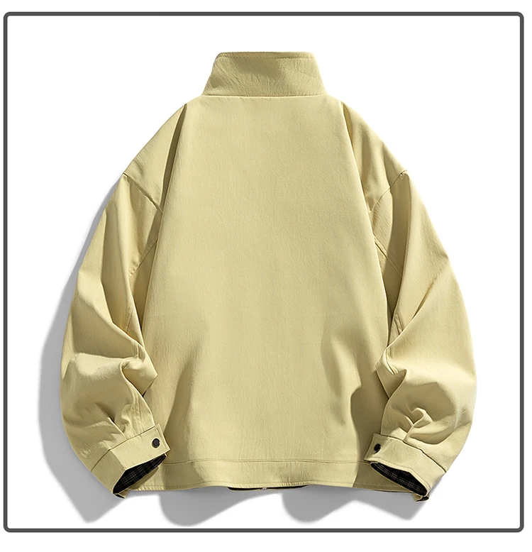 Herren Stehkragen-Freizeitjacke – Einfarbige, locker sitzende Windjacke mit Reißverschluss und Karofutter, Streetwear-Oberbekleidung – Detail 13