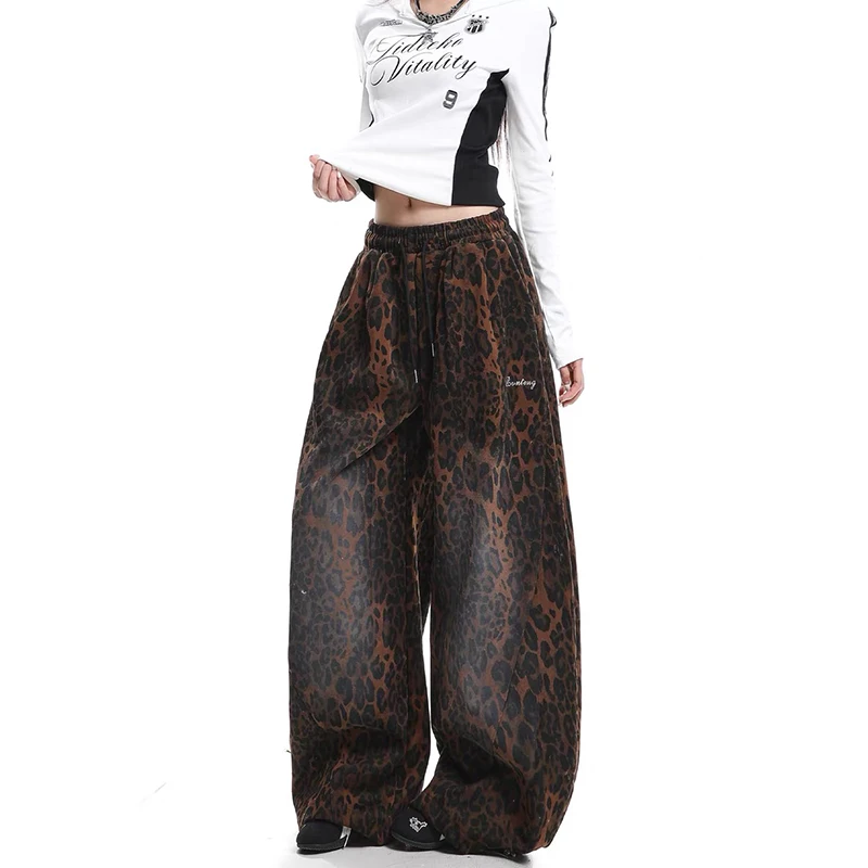 ZHIZOU الأمريكية الرجعية Y2K 2000s مطبوعة رسالة مخطط بنطال ذو قصة أرجل واسعة المرأة الربيع الهيب هوب عادية ليوبارد طباعة السراويل الرياضية