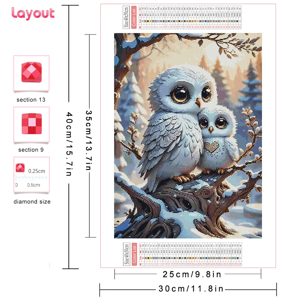 Huacan Full Diamond Painting Animal Owl Complete Kit Diy 5d Dimond Mosaic Landscape Winter Home Decorative Rhinestone Pictures