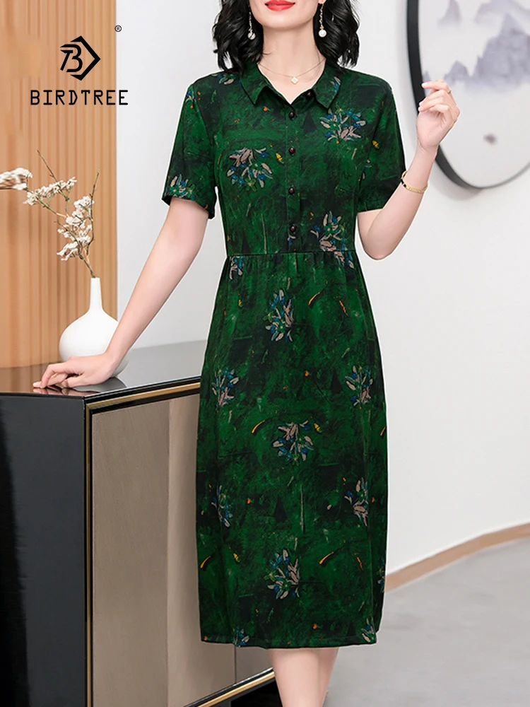 

BirdTree, 100%Real Silk XiangYunSha Dresses, Women Short Sleeve Printed, Temperament Commute Large Dress, 2024 Summer D44415QC