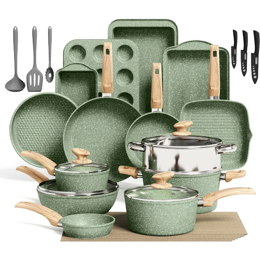 

30Pcs Induction Cookware Sets Nonstick Kitchen Cooking Pans Set Pots and Pans Set Non Stick Green Healthy and Non Toxic Cookwar