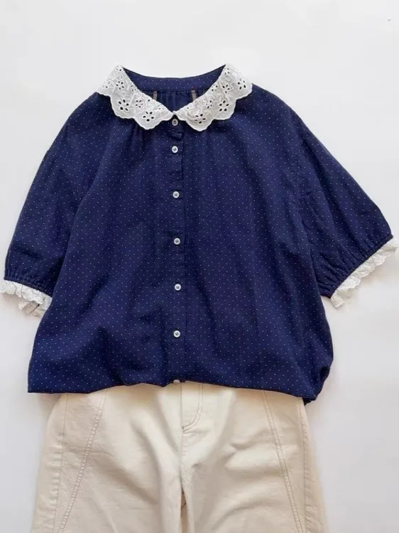 Deep Blue Polka Dot Pure Cotton Casual Loose ort Sve irt Women's Summer Comfortable Versatile Lace Collar Loose Fit irt