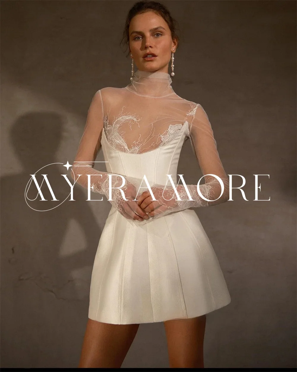 Simple Satin Short Wedding Dresses Lace Long Sleeve Bride Dress High Collar A-Line Prom Gowns Customized vestidos de novia