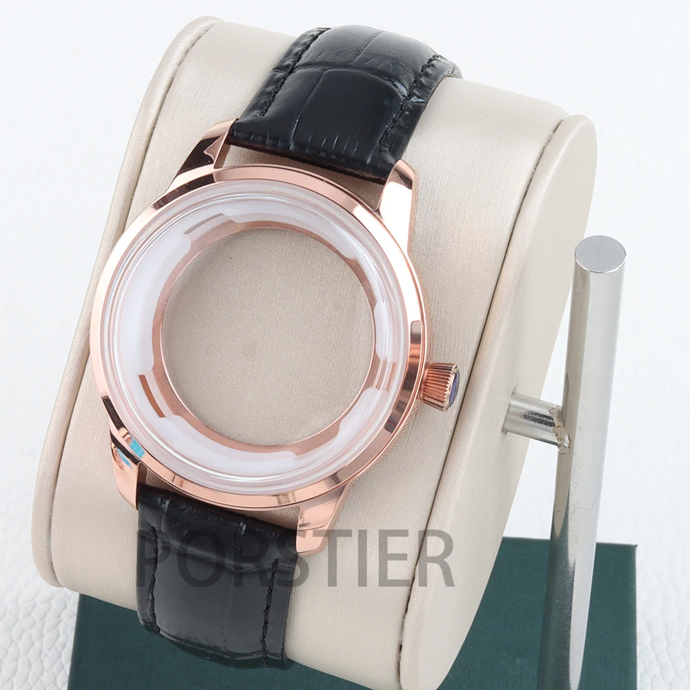 Rose Gold 40mm Men's Case Arched glass Solid Stainless Steel for Cocktail nh35/nh36/nh38 Movement 35mm Dial 20mm Leather Strap