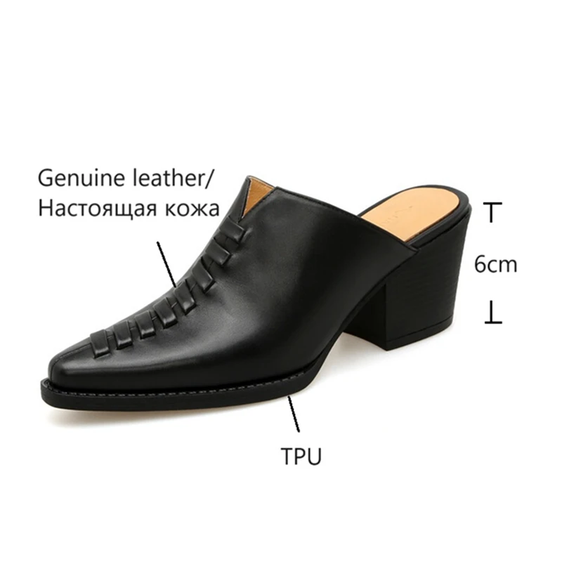 NEW Summer Women Mules Genuine Leather Shoes for Women Cover Toe Chunky Heel Slippers Cross-tied Pointed Toe Black Women Sandals