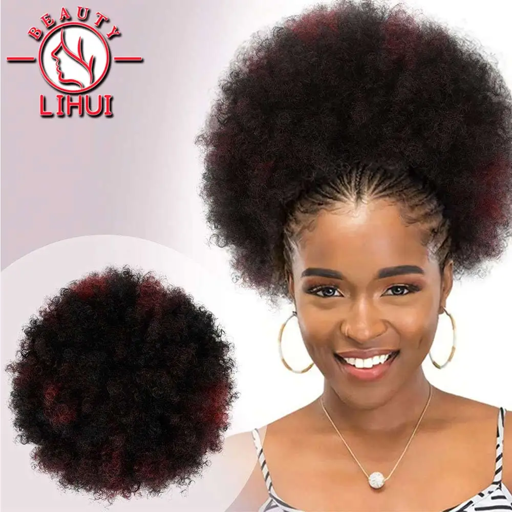 Short Afro Puff Synthetic Hair Bun Chignon Hairpiece For Women Drawstring Ponytail Kinky Curly Tail Clip Hair Extensions 10inch