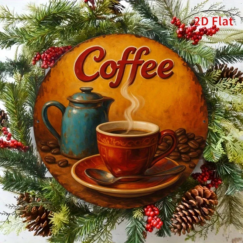[2D Flat] A 2D Print of a Vintage Round Metal Metal Wall Art Featuring a Coffee Sign Theme, Measuring 20x20cm , Suitable