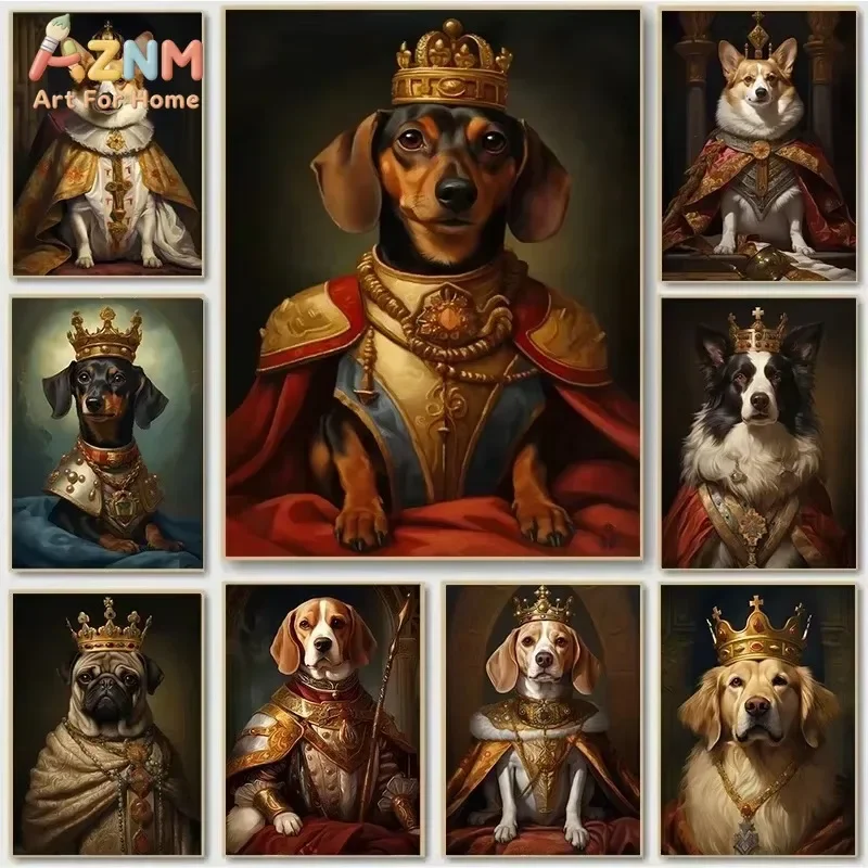Royal King Dog Canvas Wall Art Vintage Oil Painting Style Dog With Crown Portrait Print Unframed Canvas Poster for Home Decor