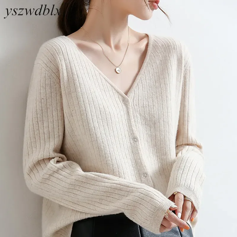 YSZWDBLX-cárdigans de punto con cuello en V para mujer, suéter de manga larga, moda coreana, cárdigan holgado, otoño e invierno, 2024