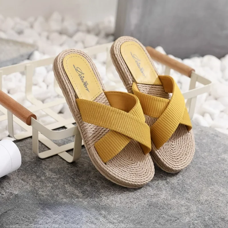 Ladies New Slippers Summer Cross Drag Fashion Hemp Rope Outer Wear Slippers Casual Sandals and Slippers