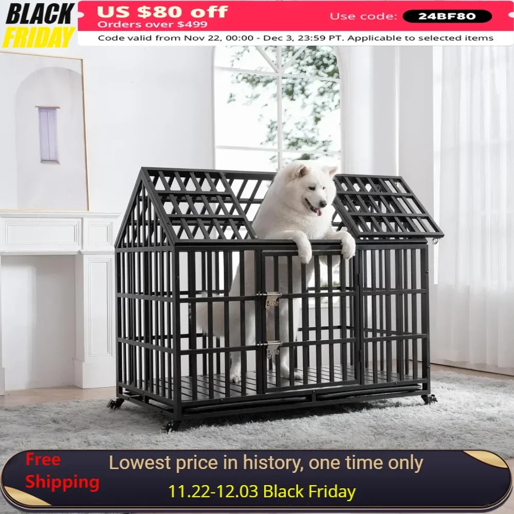 52 Inch Dog Crate with Sturdy Latches, Extra Large Kennel with Pointed Roof, Escape-Proof and Indestructible Pet Cage