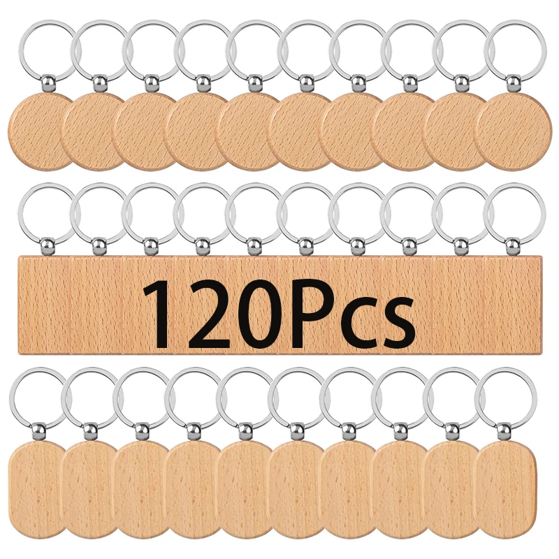 

120Pcs Beech Wood Keychain Blanks Keychain Key Ring Key Tags for DIY Clothing Bag Decoration