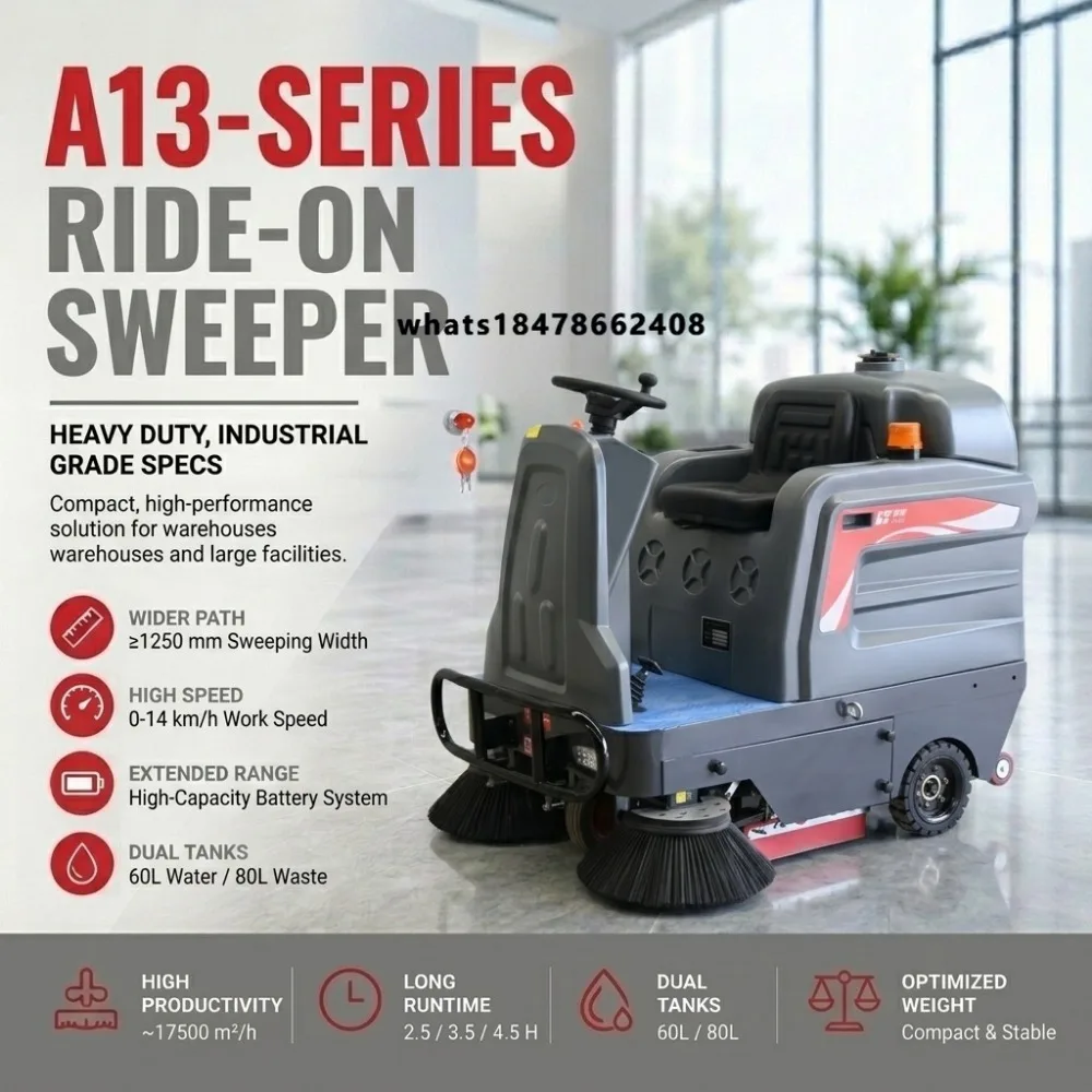 Laite New One Click Vibration Street Sweeper Battery 1300mm Cleaning Width Compact Industrial Commercial Ride-on Floor Sweeper