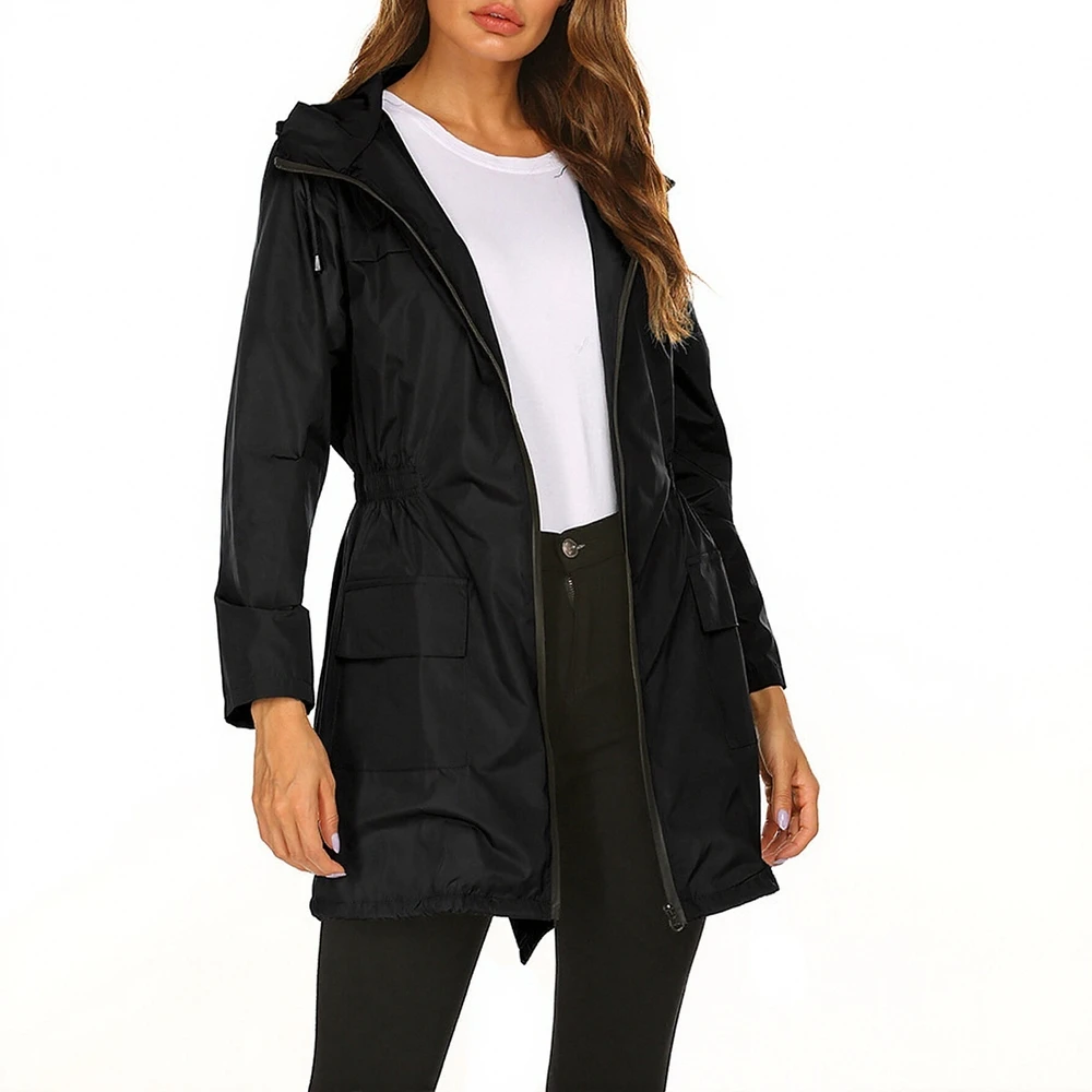 

Women's Modern Skinny Fit Trench Coat Winter Trendy Chic Plain Long Sleeve Hooded Casual Coats Autumn