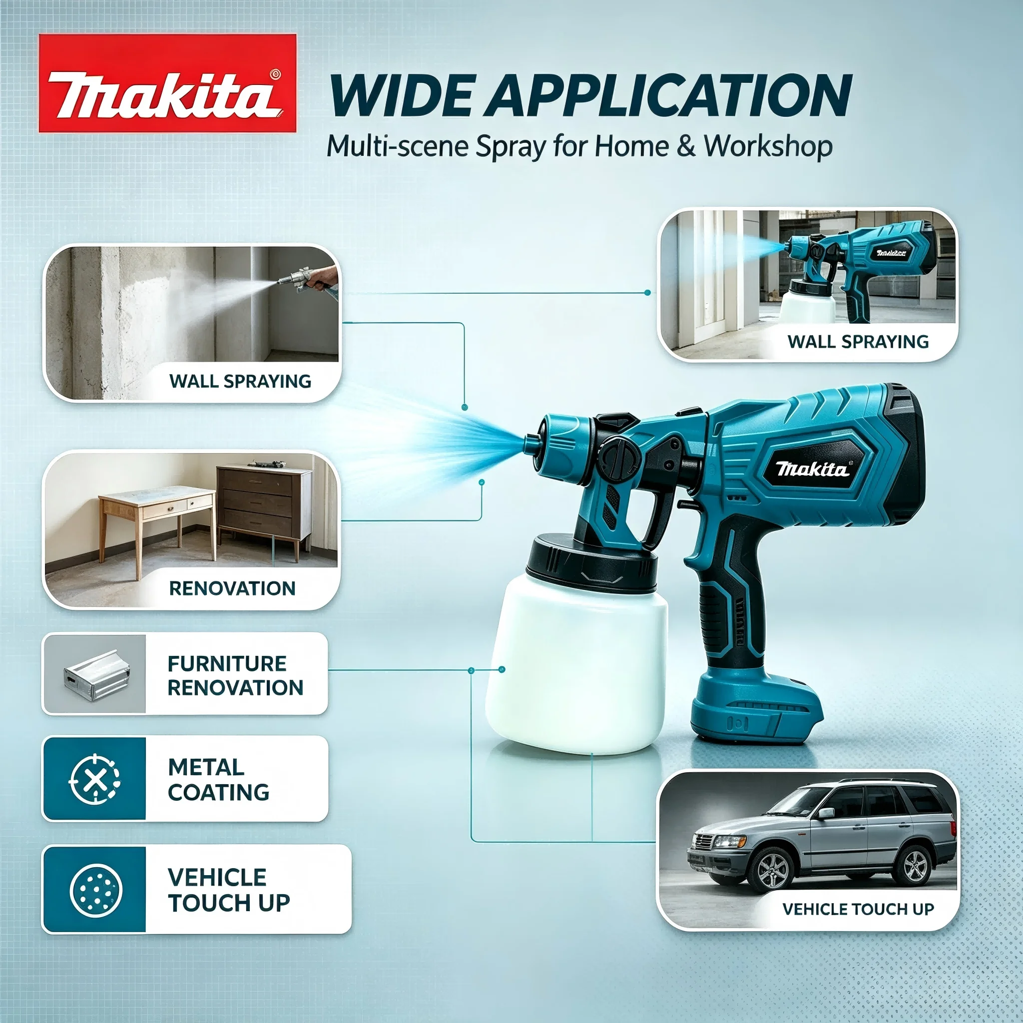 Makita Cordless Paint Spray Gun 1L Large Container & 18V 6Ah Battery Rechargeable Sprayer For DIY Home Wall Automotive Painting
