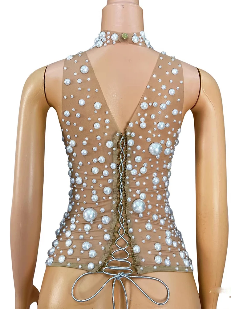 Wysokiej jakości seksowna bluzka z siateczki z gorącymi koralikami, na ramiączkach, z dekoltem typu halter, nowa modna odzież damska na zamówienie 2025