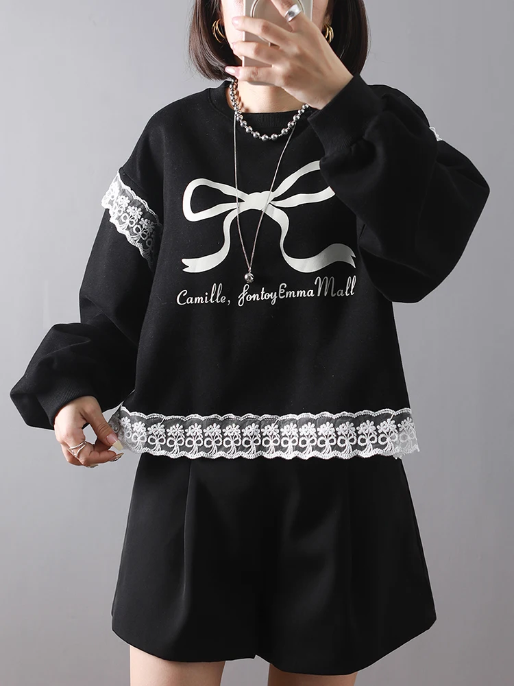 Fashion Lace Printed Bow Sweatshirts Women Black Grey Autumn Winter Long Sleeve Casual Grey Pullovers Female 2024 New Y2K Hoodie