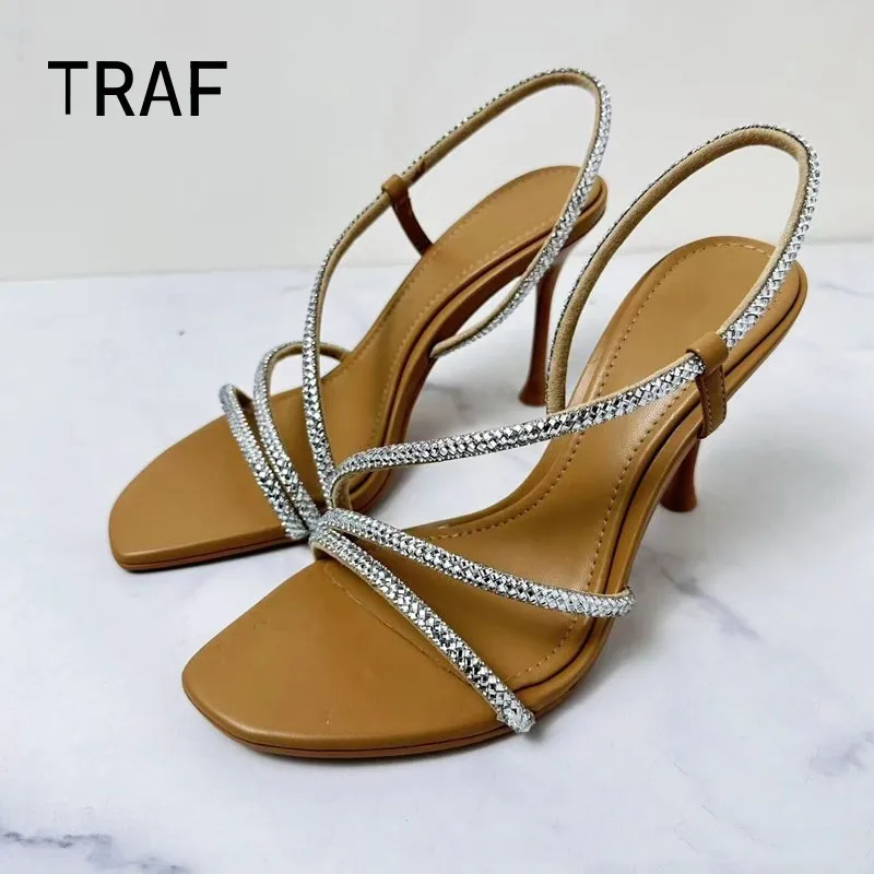 

TRAF 2024 Sexy Rhinestone Slingback High Heels Sandals Women Summer Square Head Open Toe Heed Sandals Elegant Party Female Shoes