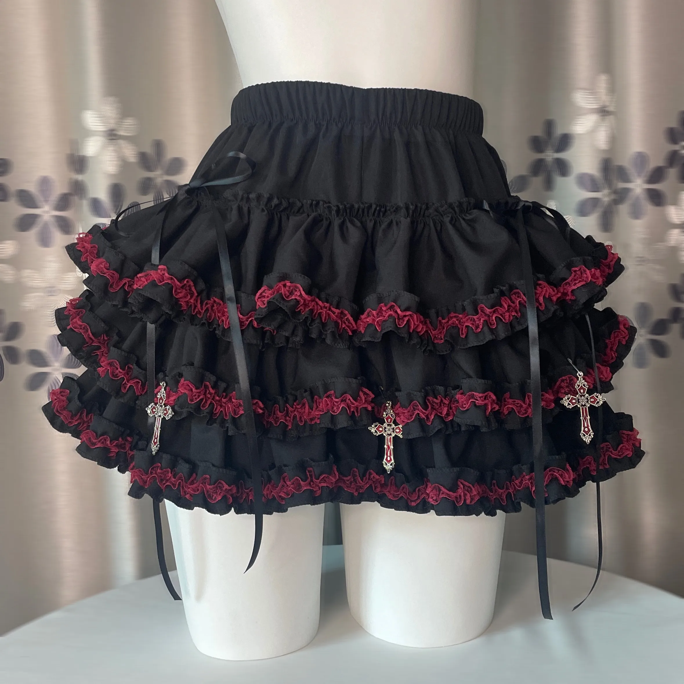 Original Subcultural Hot Girl Gothic Elegant Ruffles Short Puff Skirt All-match Elastic High Waist Y2k Cross Pendant Cake Skirts