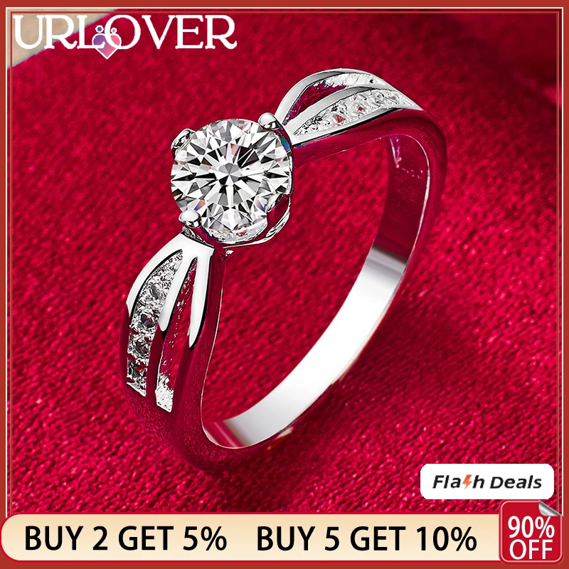 

URLOVER 925 Sterling Silver Round Zircon Crystal Rings For Women Engagement Wedding Birthday Party Fashion Jewelry Lady Gifts