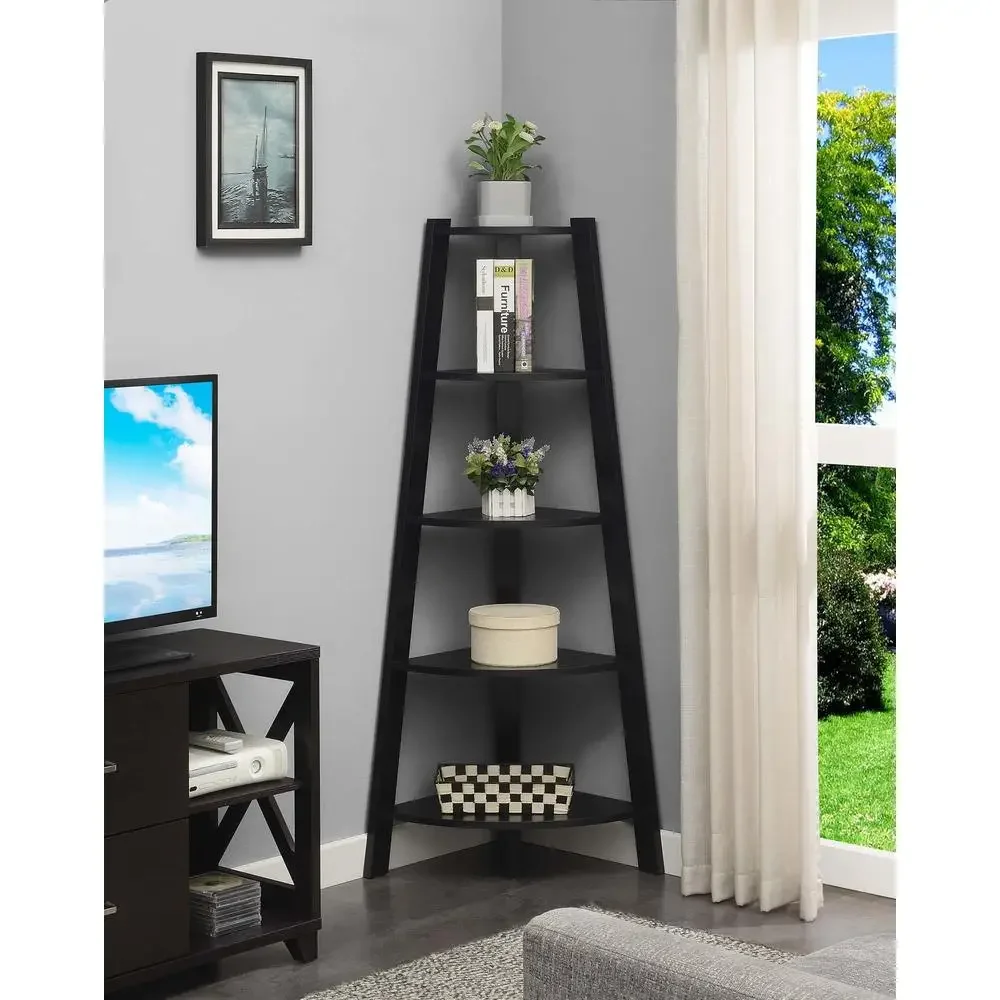 

Contemporary 5 Tier Wide Corner Bookshelf Black Wood Shelf Stand