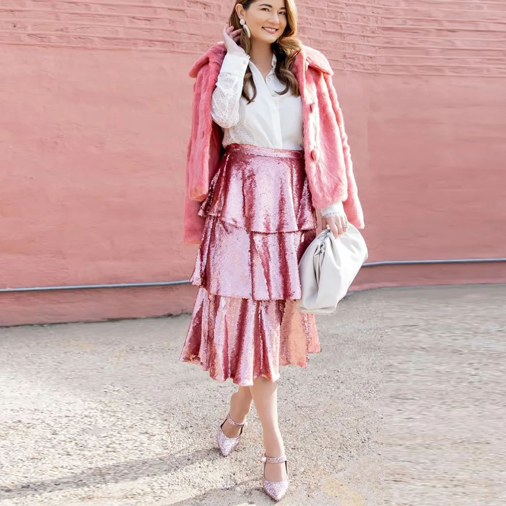 

Pretty Shiny Sequined Mid Calf Women Skirts Zipper Waistband Pink Layered Sequin Maxi Dress Custom Made Female Bottom