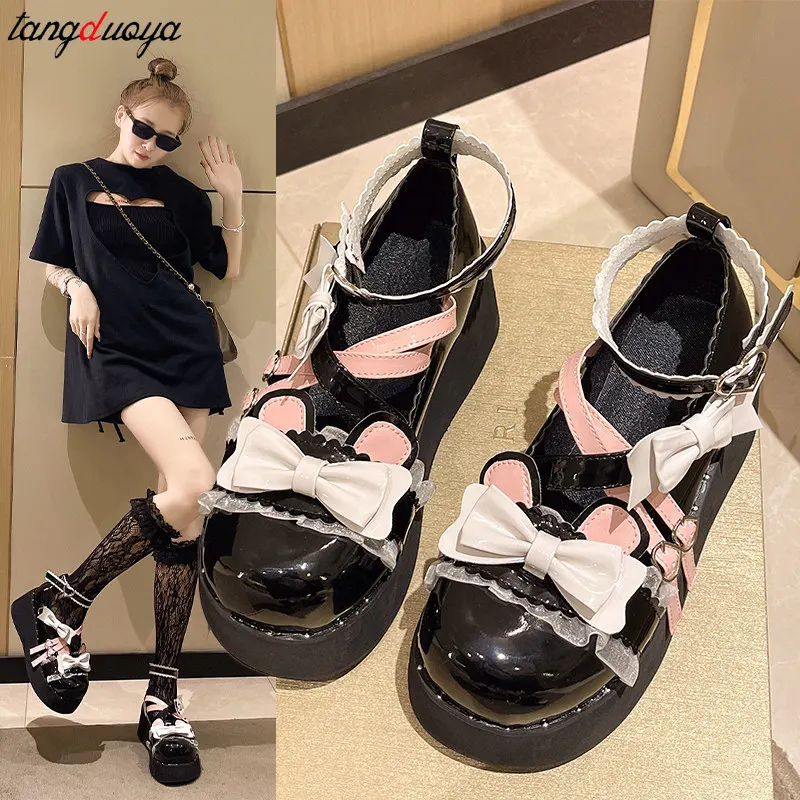 Japanese Style Mary Janes Shoes Women Kawaii Sweet Bowtie Lolita Shoes Female Ankle buckle Punk Goth cosplay pumps Y2K black