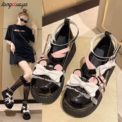 Japanese Style Mary Janes Shoes Women Kawaii Sweet Bowtie Lolita Shoes Female Ankle buckle Punk Goth cosplay pumps Y2K black