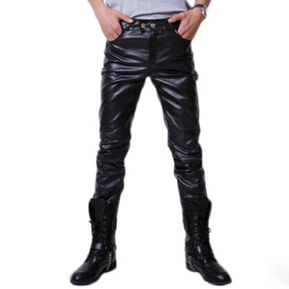 

Male Slim PU Leather Pants Shiny Silver Gold Trousers Nightclub Stage Costumes for Singers Dancer