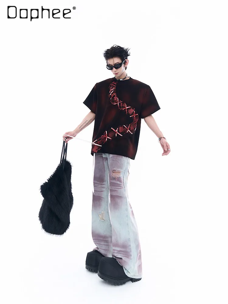 

Новая мужская футболка с коротким рукавом и круглым вырезом в темном уличном стиле, с эффектом тай-дай и дизайном с повязками, черно-красная, коллекция Лето 2026